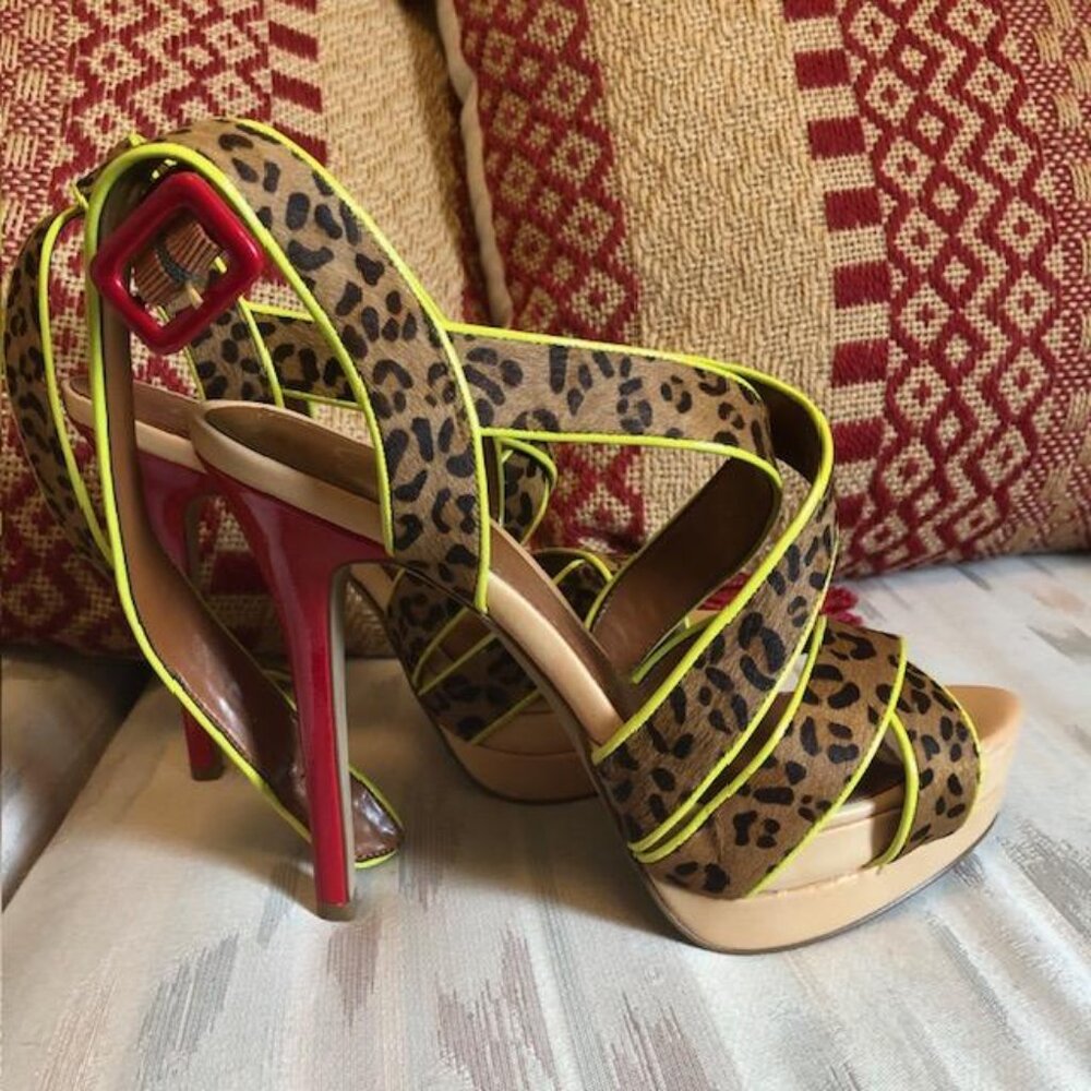 Jessica Simpson Calfskin Hair Leather Strappy Leopard Sandals US Size 8.5 , NEW